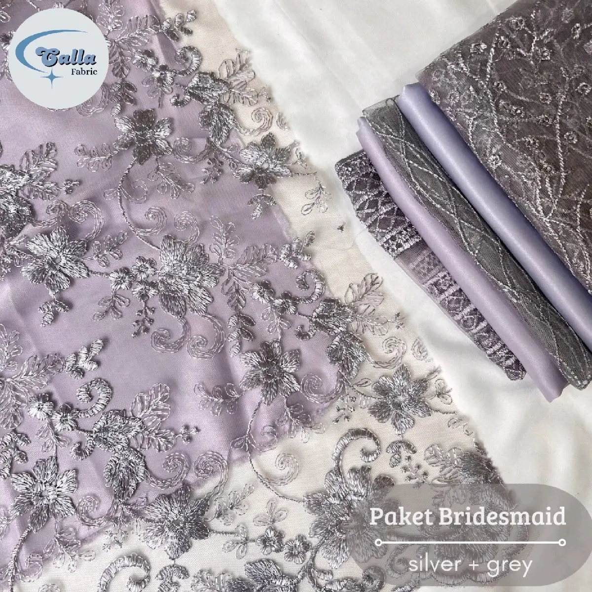 Paket Lengkap Kain Bridesmaid / Kain Satin Maxmara Doff Silver + Brukat Tile Deep Silver