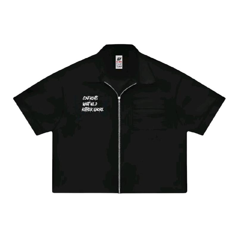 Giovent Work Shirt Zipper Boxy Kameja Kerja Casual Black "metalicaIgnore" 4