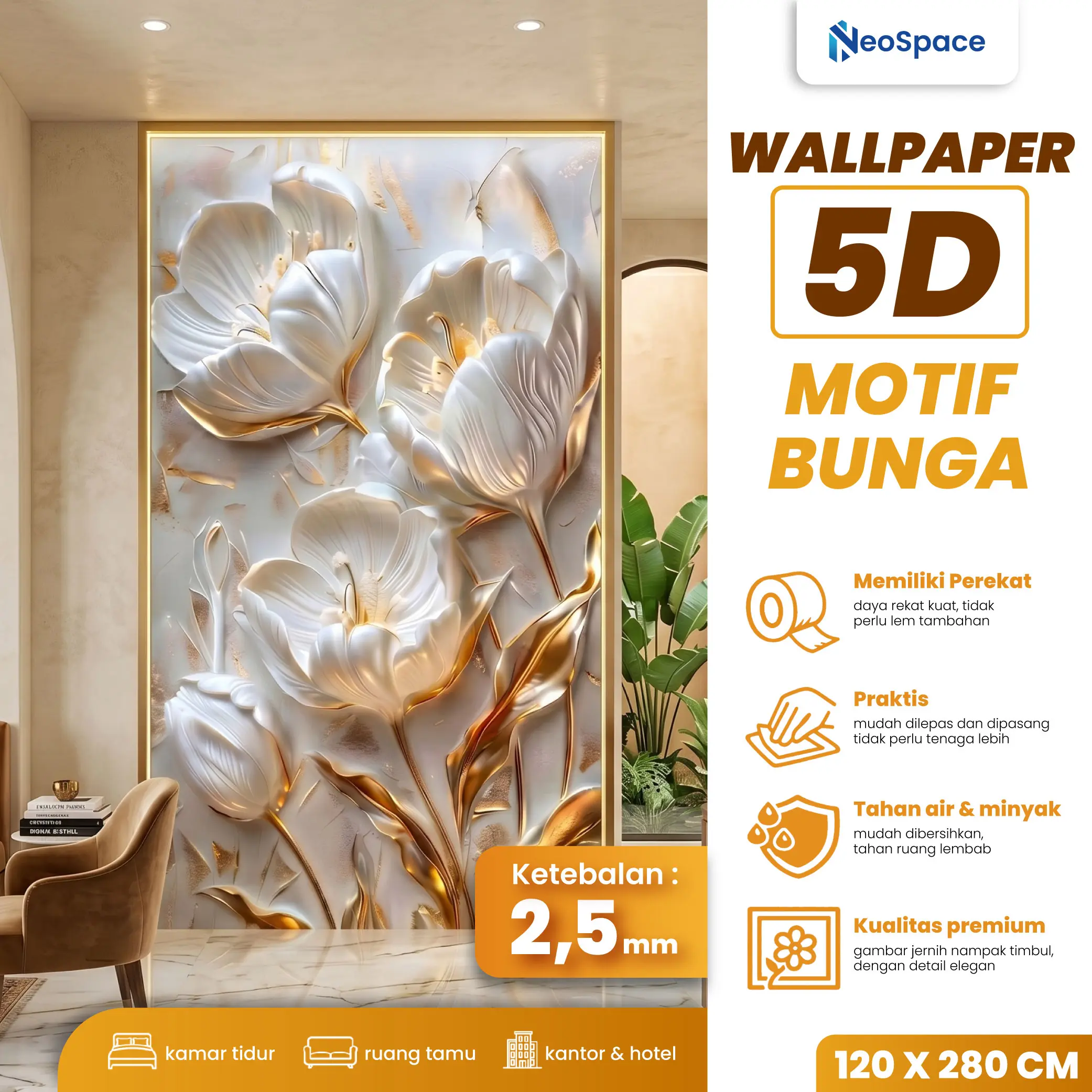 Neospace Decor - Wallpaper Dinding Vinyl Motif Bunga 5D 120x280 cm Anti Air untuk Interior Rumah Estetik Ketebalan 2.5 mm