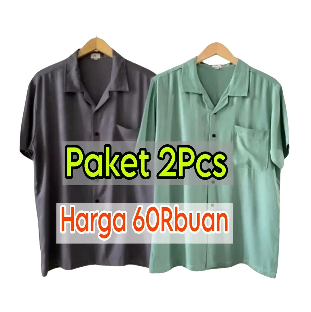 Paket 2Pcs Cuman 60Rbuan KEMEJA HAWAI POLOS V-Neck baju atasan oversize katun pria Surfing Distro Cowok   Kerah Santai Casual Pendek