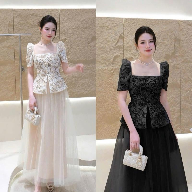 Mèo Mỡ Bigsize — Set bộ thời trang thiết kế áo ren cổ vuông phối chân váy xoè lưới dáng dài bigsize 60-90kg