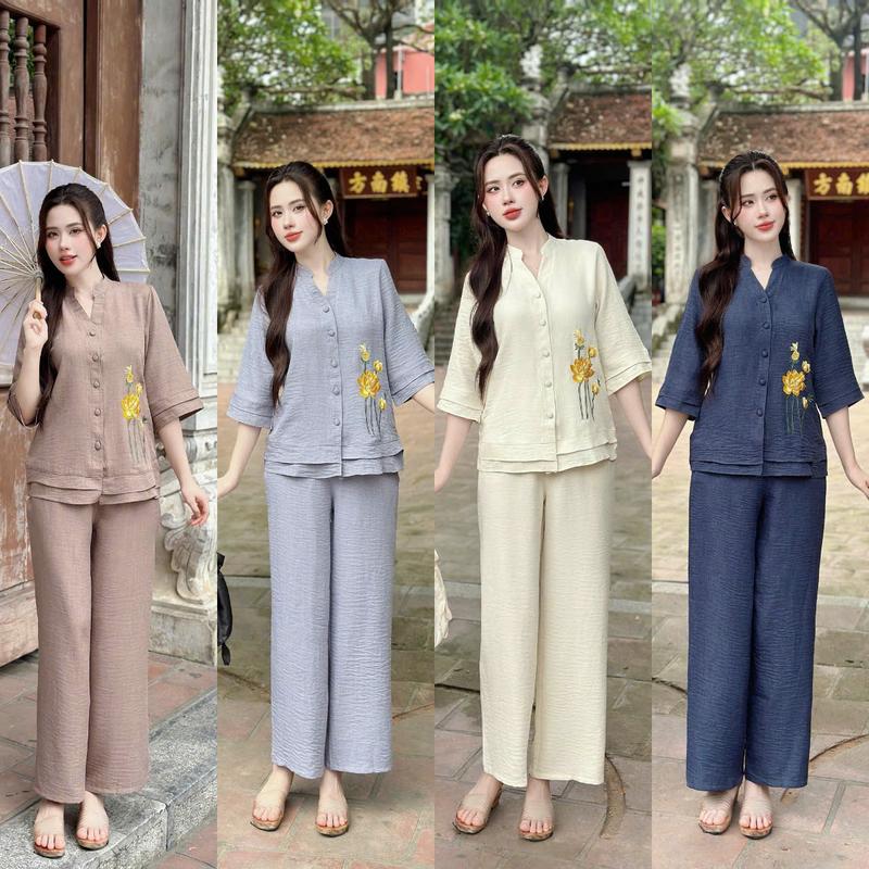 Bộ Pháp Phục Đũi Vân Mây Cao Cấp, Thêu Hoa Sen Vàng, Nút Cài Trước Tiện Lợi, Quần Lưng Thun, Có Túi, Có Size, Bigsize, Áo, Bộ đồ lam nữ đi chùa, đồ đi chùa đẹp cho nữ, đồ lam nữ đẹp sang chảnh, set lam, set đồ lam đi chùa, đồ lam cho mẹ 50 tuổi