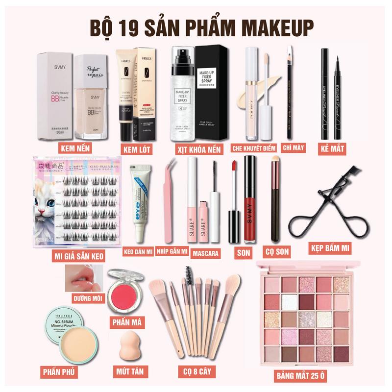 [ CÓ MI ] Bộ 19 và 13 sản phẩm makeup trang điểm cho người mới tập makeup có mi giả, kem nền mềm mịn che khuyết điểm, bảng mắt 25 ô, phấn phủ kiềm dầu...