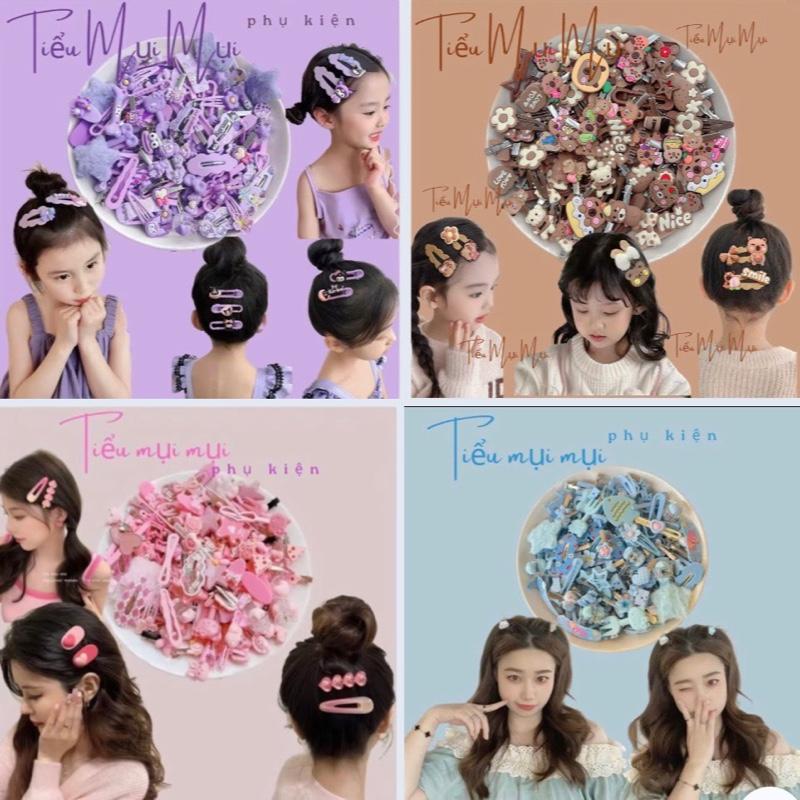 set kẹp tóc bé gái 50 kẹp tóc mái màu hồng, tím, nâu mix nhiều mẫu đa dạng cho bé - Phụ kiện