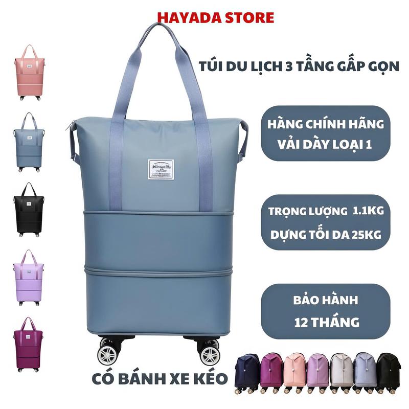  Túi du lịch gấp gọn 3 tầng đa năng có bánh xe kéo túi du lịch cỡ lớn đựng đồ quần áo hành lí chống thấm nước 