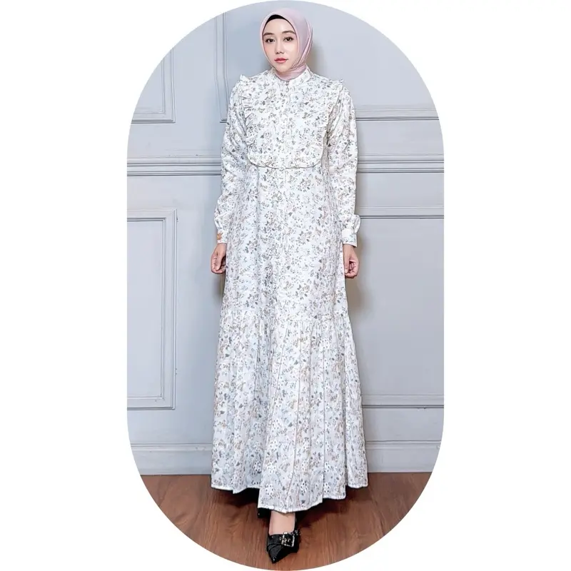MOZHA SHAFURA. Cloth- ALIKHA DRESS Bahan Katun Bordir Kerancang Gamis Motif Wanita Panjang Berpuring Nyaman Halus Lembut Kancing Busui dan wudhu friendly Casual Mewah Formal Simple Elegant Muslim Kombinasi Kerah Variasi Kotak 4