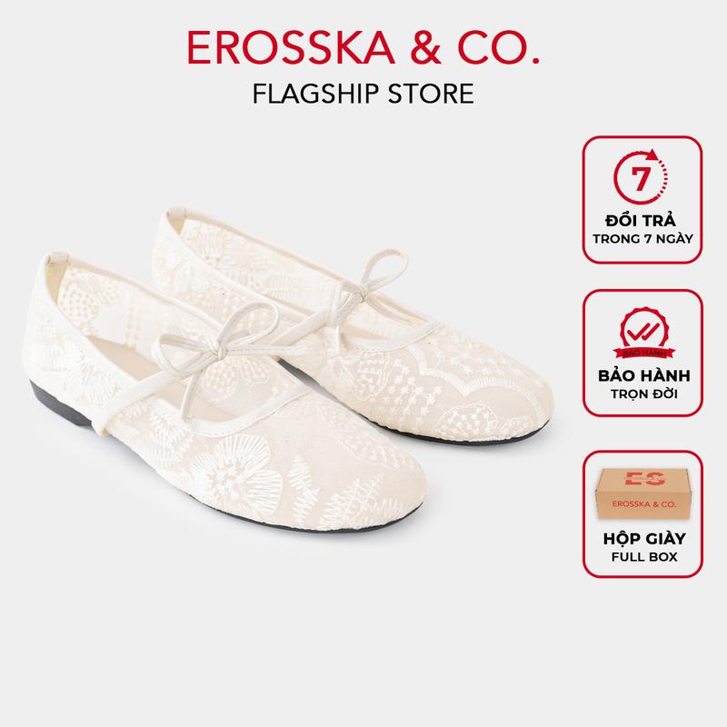 Erosska - Giày búp bê lưới họa tiết hottrend kiểu dáng ballet core đế bệt màu trắng kem có hộp giày fullbox_ EL81