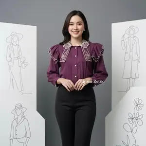 VIOLLA KEMEJA Katun Variasi Bordir Baju 2025 Blouse Korean Hijab Kerah Bordir Kemeja Panjang Hitam