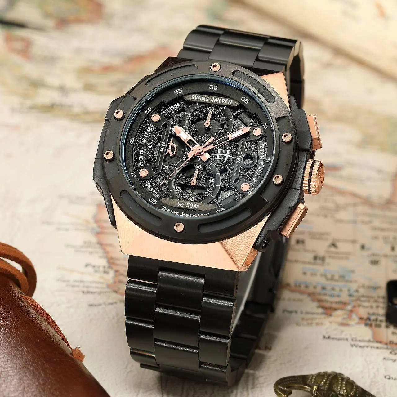 Jam Tangan Pria Evans Jayden 9547 Rantai Stainless Steel Chronograph Kaca Sapphire Water Resistant 5ATM Watches Waterproof