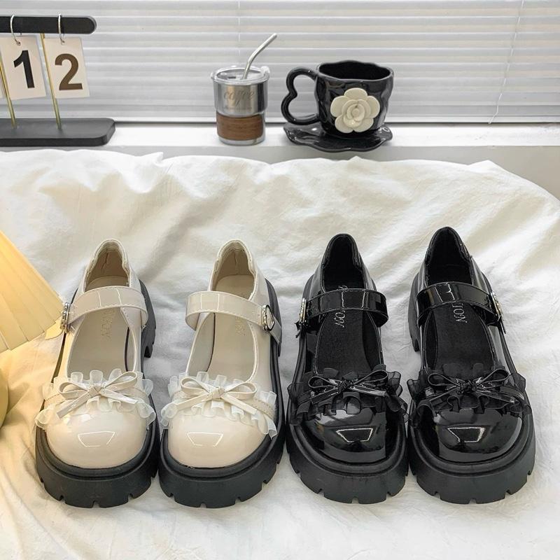  Giày Búp Bê Lolita Nữ Đế Cao 4-5cm Mã 44 REN Xếp Da Mềm CHÂN GÀY ĐẶT LÙI SZ  