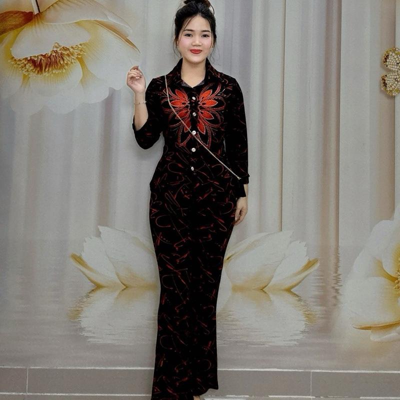 B18 Đồ bộ sơ mi ống bass hoạ tiết thêu cổ, chất liệu thun tơ hoa thương hiệu Hải Sơn