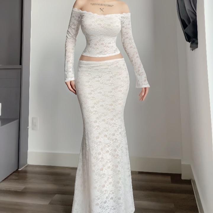 Set đầm body nữ áo trễ vai dáng đuôi cá phối ren hoa cao cấp đi tiệc sang chảnh Lolystore dress women HL98