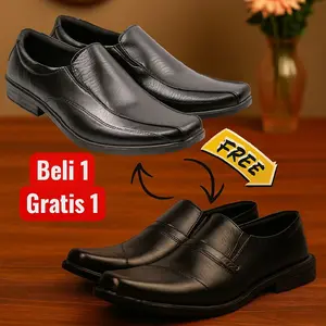 sepatu pantofel pria formal kulit sintetis elegan anti selip - sepatu kerja stylis cocok kerja sekolah dinas kantor - beli 1 gratis 1 Shoes - slip on tali gesper