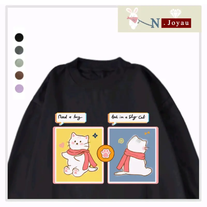 N.Joyau Sweater - Shy Cat | Oversize XXL crewneck Lengan Panjang Outfit Basic Casual Korean Style Aesthetic Sablon DTF Gift  Remaja Wanita Pria Unisex Premium Kekinian Bigsize Jumbo. 5