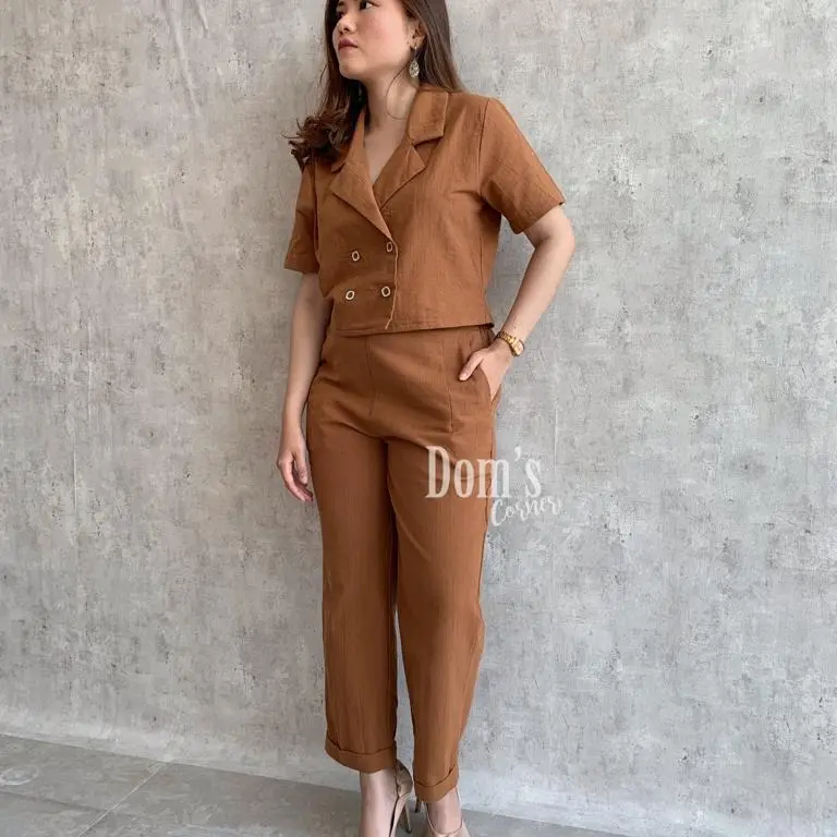 Domscorner - So hee button collar set (atasan kancing - outer - celana panjang Highwaist - korean set 1