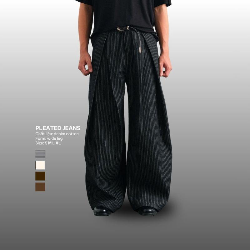  Quần jeans nam B Brown kẻ sọc li vát chéo ống rộng phủ giày - Striped Wide Leg Jeans B Brown 