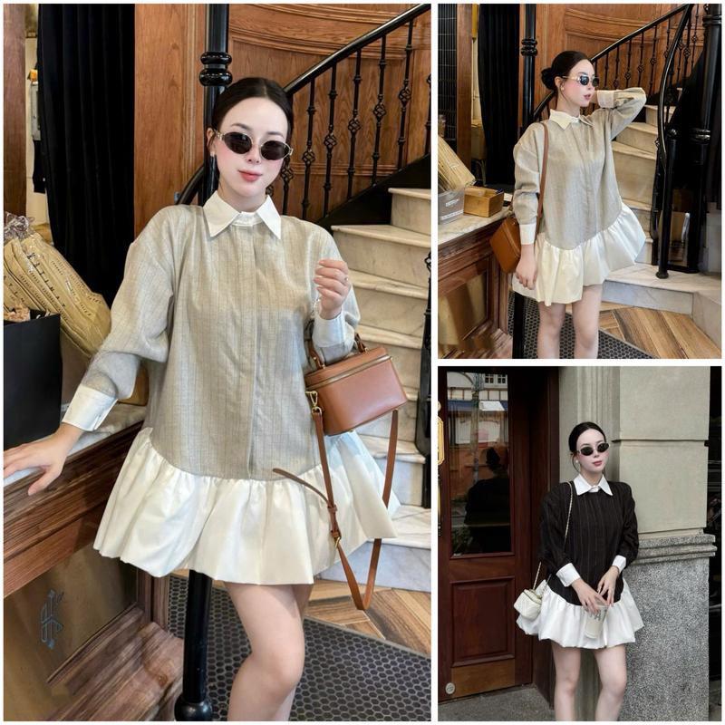Váy Babydoll Cổ Sơ Mi Phối Váy Xoè Xinh Xắn