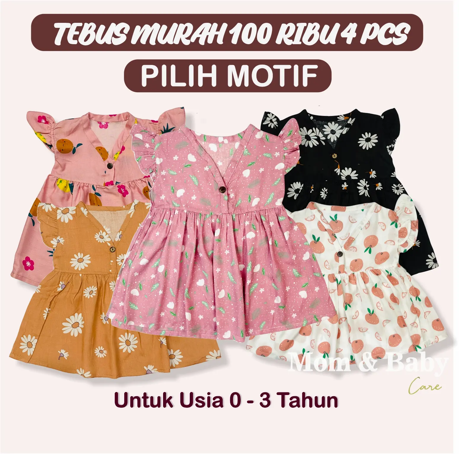 Paket Hemat 4 pcs ( PILIH MOTIF FULL OBRAS ) Dress Bayi Anak Perempuan Usia 0 - 3 Tahun | Baju Bayi Cewek Rayon Viscose Premium