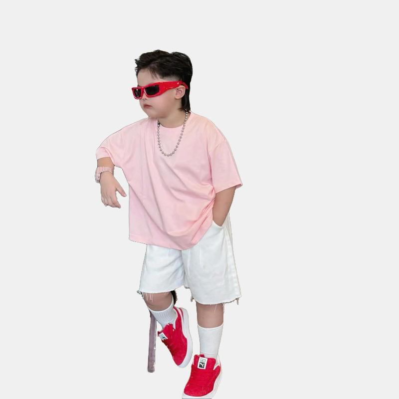 Áo Thun Trơn Cộc Tay Unisex Cho Bé Bobokids Chất Liệu Cotton Thoáng Mát,Phom Dáng Rộng Hàn Quốc Size Từ 25-53kg B0038,( phom rộng ngang khách chọn theo chiều cao)