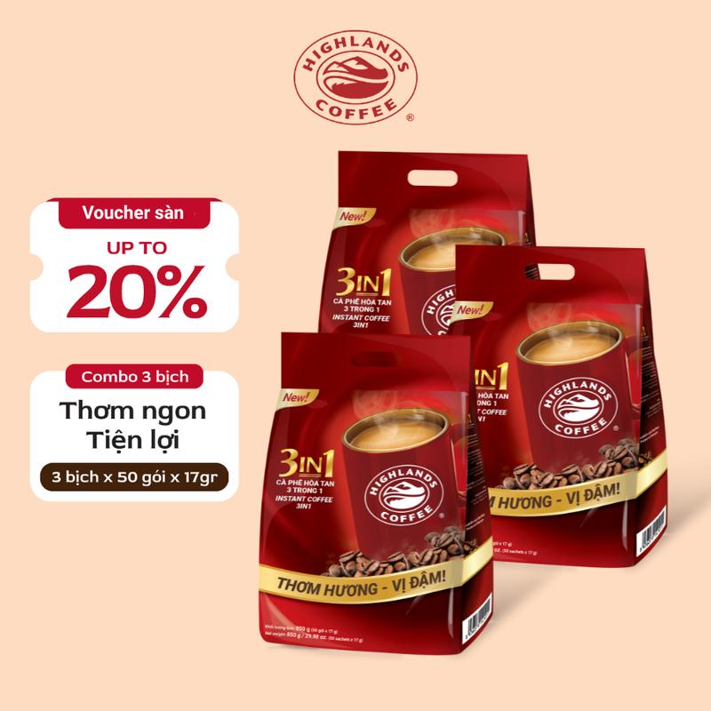 COMBO 3 TÚI CÀ PHÊ SỮA HOÀ TAN HIGHLANDS COFFEE 3IN1 - 50 GÓI x 3