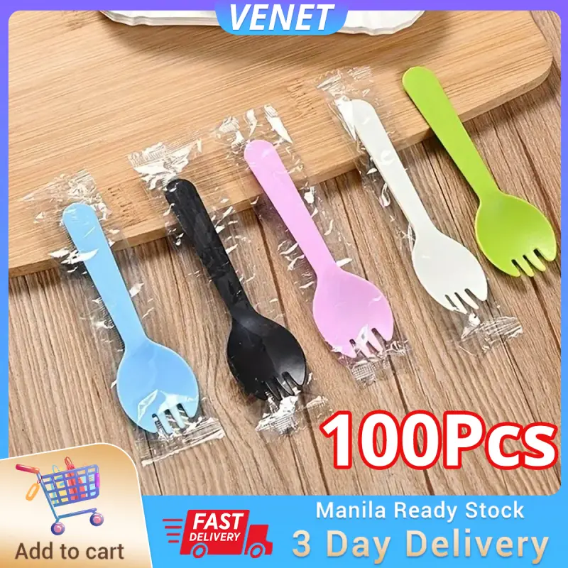 100PCS Disposable Sporks, Individual Packaed 2 in 1 Plastic Spork for ...