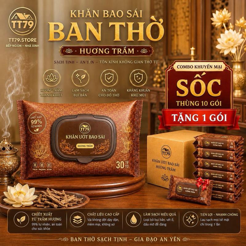 [Mua 10 Tặng 1] Combo 10 gói khăn ướt bao sái [ 30 tờ ] lau bàn thờ có mùi trầm hương và quế làm sạch và thơm