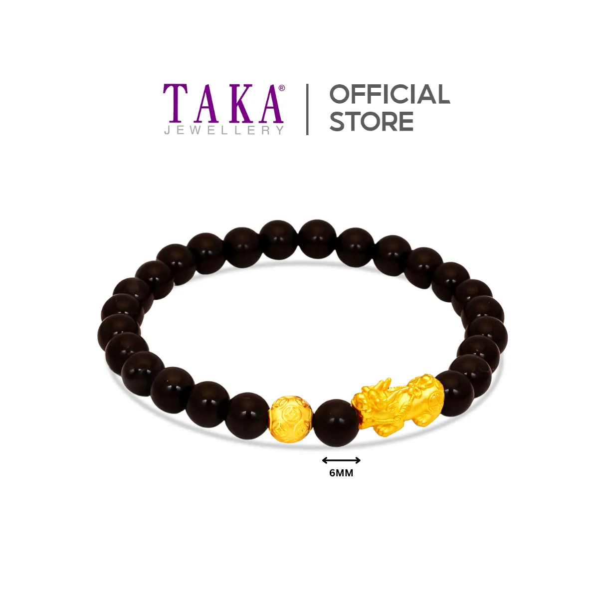 TAKA Jewellery 999 Pure Gold Ball & Pixiu Bracelet with 6mm Beads