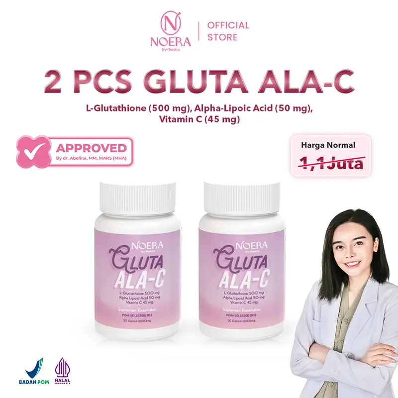Noera 2 Pcs Gluta ALA-C FREE MOONLIGHT SERUM | Noera Suplement Whitening | Noera Whitening Capsule | L-Glutathione 500mg Alpha Lipolic Acid 50mg Vitamin C 45mg | Whitening Booster Suplemen Kecantikan l Free Moonlight Glow Oil 4