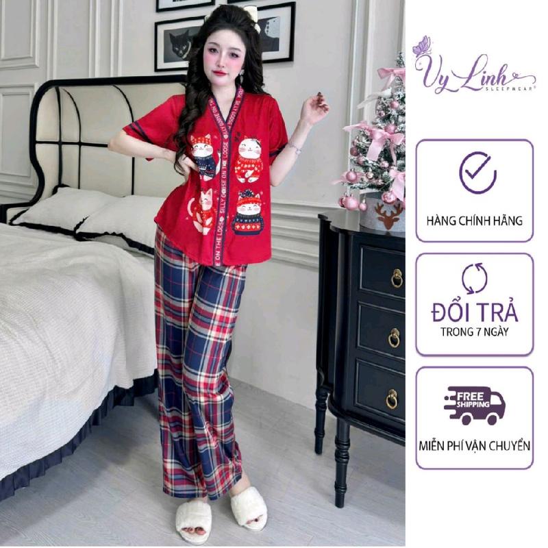  Bộ Đồ Ngủ Quần Dài Cổ Y Dành Cho Nữ Hoạ Tiết Noel Chất Liệu VảI Lụa Latin Cao Cấp S1080 Noel Lịch bộ  ngủ 