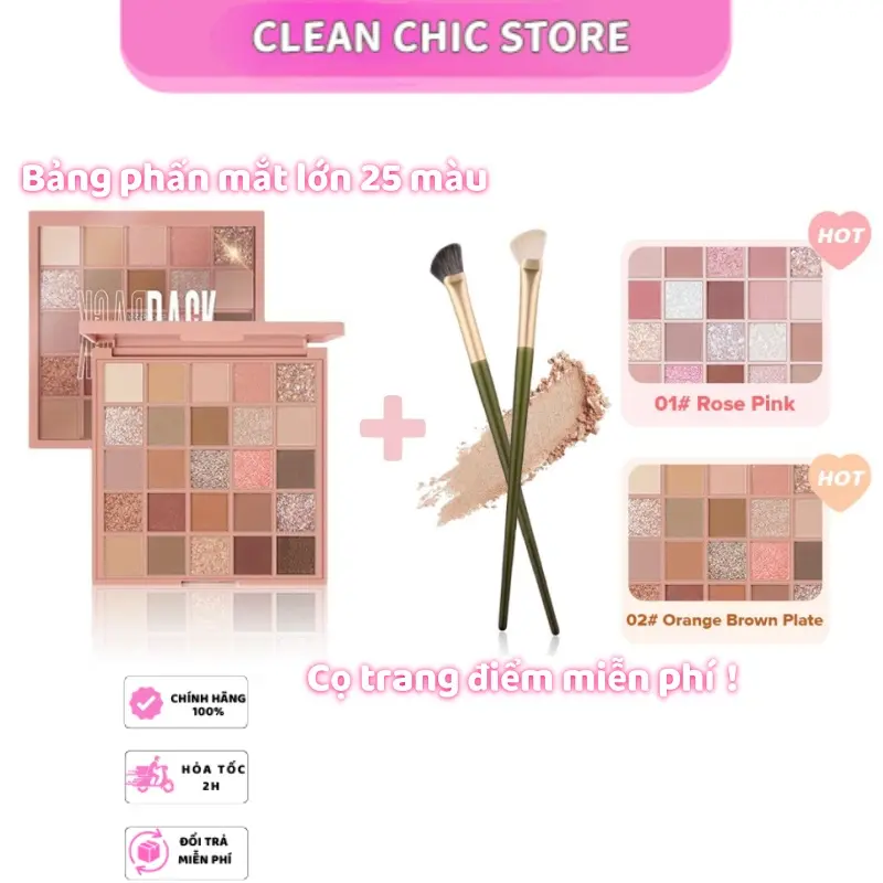 Bảng Phấn Mắt Ánh Ngọc Trai 25 Màu, Tone Cam / Nâu, Giá Rẻ, Kèm Cọ Trang Điểm Miễn Phí