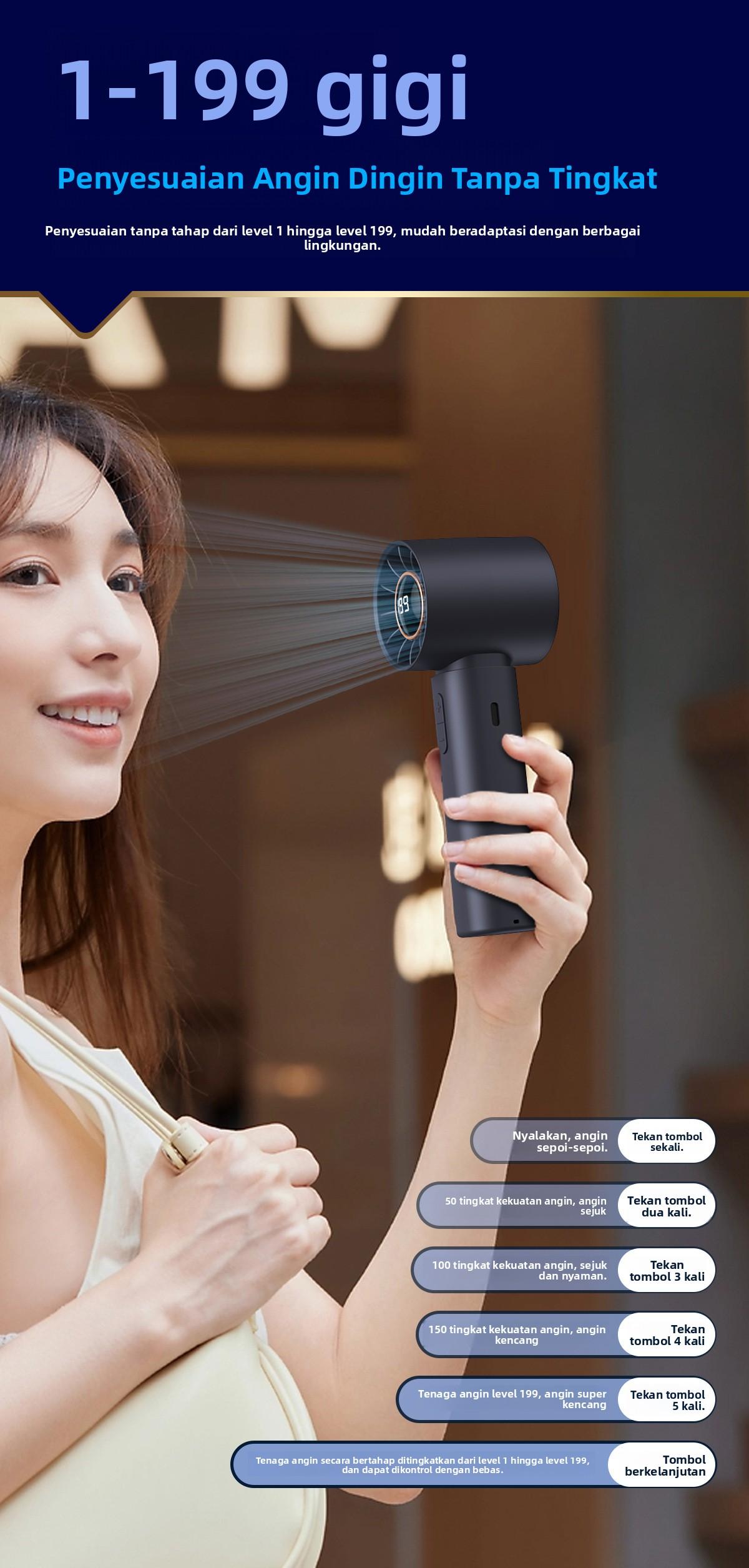 Kipas Mini Kipas Angin Portable Turbo Mini Fan Portable High-Speed LED Fan 199 Gear Kipas