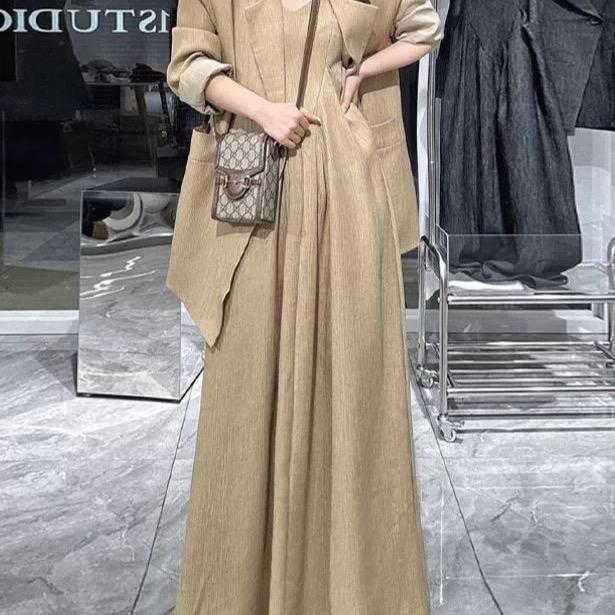 Set nâu 2 món váy dài hai dây kèm áo vest phong cách thanh lịch nữ hàng QC Top Nữ
