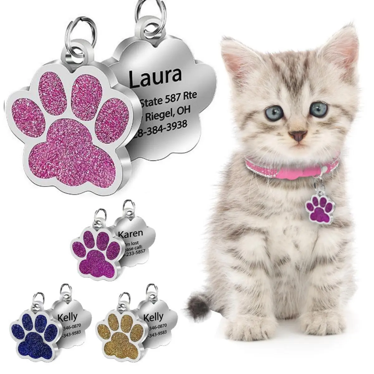 name tag kucing Tag peribadi untuk anjing dan kucing, terukir, nama ID haiwan kesayangan, loket kolar, aksesori haiwan kesayangan, loket bergemerlapan kaki push dog tag