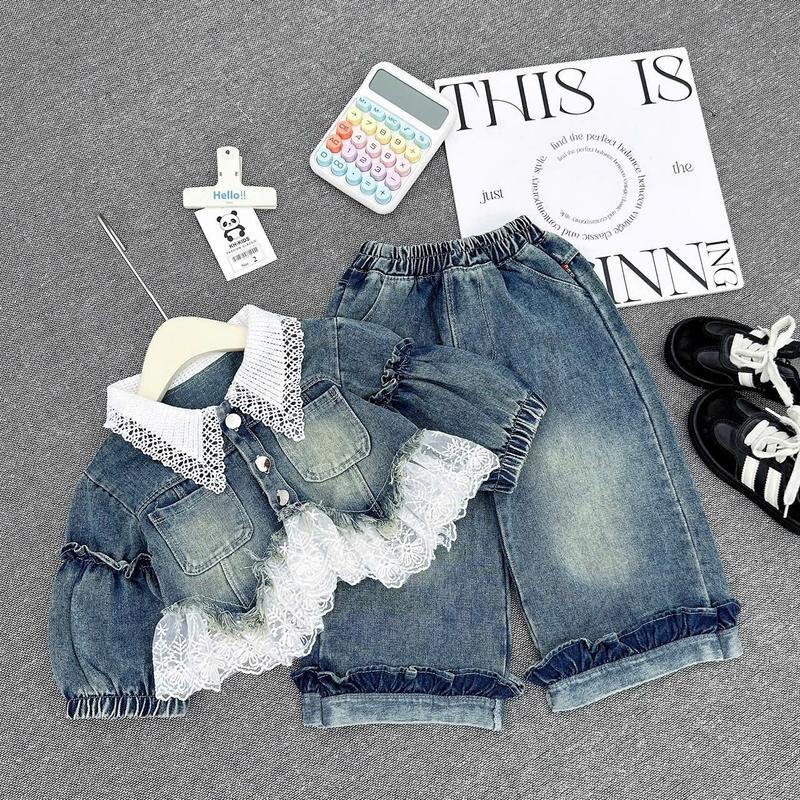  Bộ Quần Áo Jean Bé Gái Bèo Ren Trắng Dễ Thương Thời Trang Hàn Quốc 10-30kg 