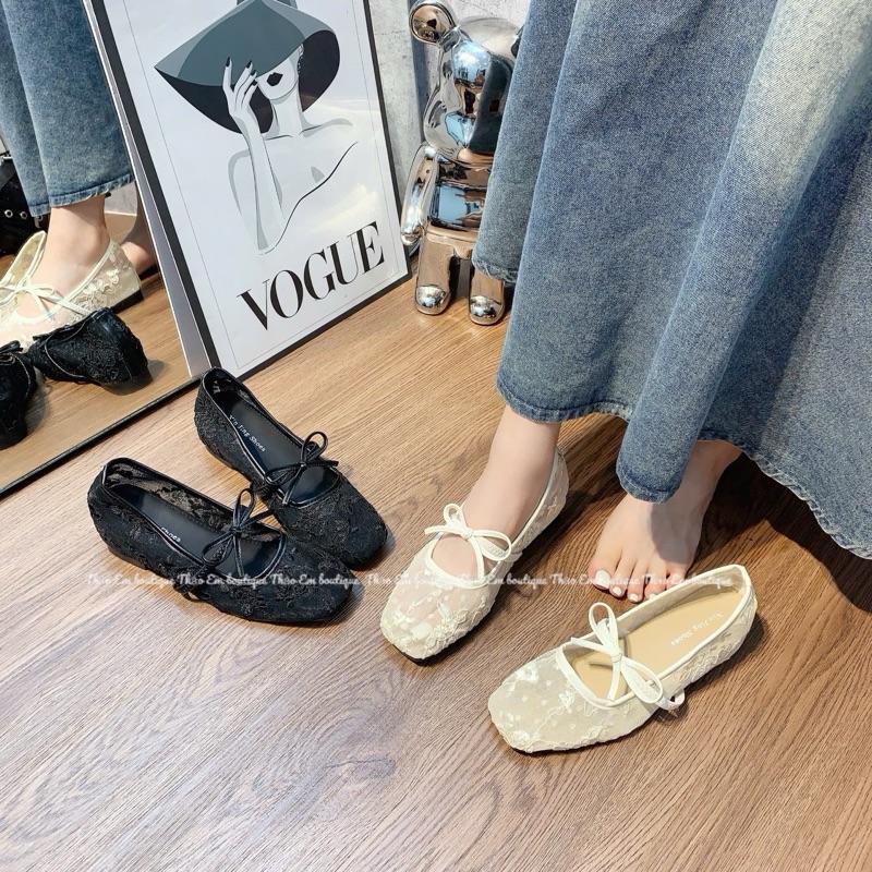 [Giày giấu đế 5p] Giày búp bê lưới ren thêu hoa dây thắt nơ chun xinh thời trang(brbr6)