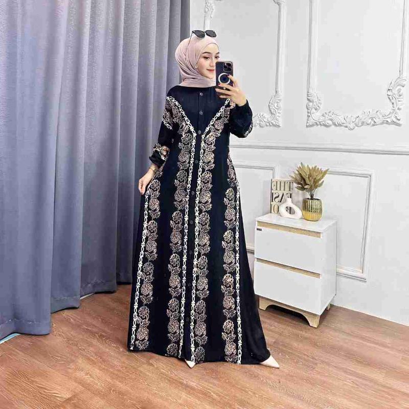 Gamis Twill Rayon Premium Model Kancing Terbaru Jumbo Syari Kekinian Batik Cap Muslim Motif Lebaran • simpel Simple XL Elegant Simple 4