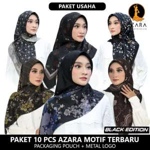 10 Pcs Hijab Segi Empat Azara Oskara Motif (Dasaran Hitam) Packingan Pouch Metal Logo LC Laser Cut Azara Superfashion ( Paket Usaha 1 Paket Isi 10 Hijab ) Square Muslim