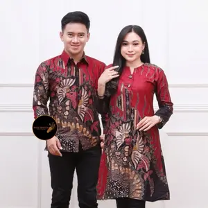 Batik Tunic Couple Pasangan Batik Modern Motif Manuk Tarung Marun Seragam Kerja Formal Pasangan Batik Tunik Kondangan