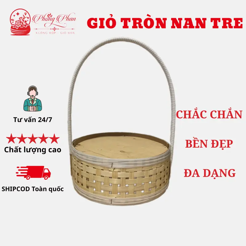 Giỏ Cắm Hoa-Trái Cây Hình Tròn Đan Tre Có Quai Xách Tiện Lợi( ĐI TỪ 2 CÁI) 0