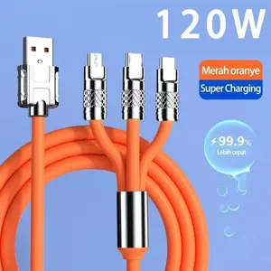 Kabel Data 6A 3in1 120W Fast Charging Kabel Charger 3 in 1 Type C USB iOS Lightning Handphone Silicone Cable