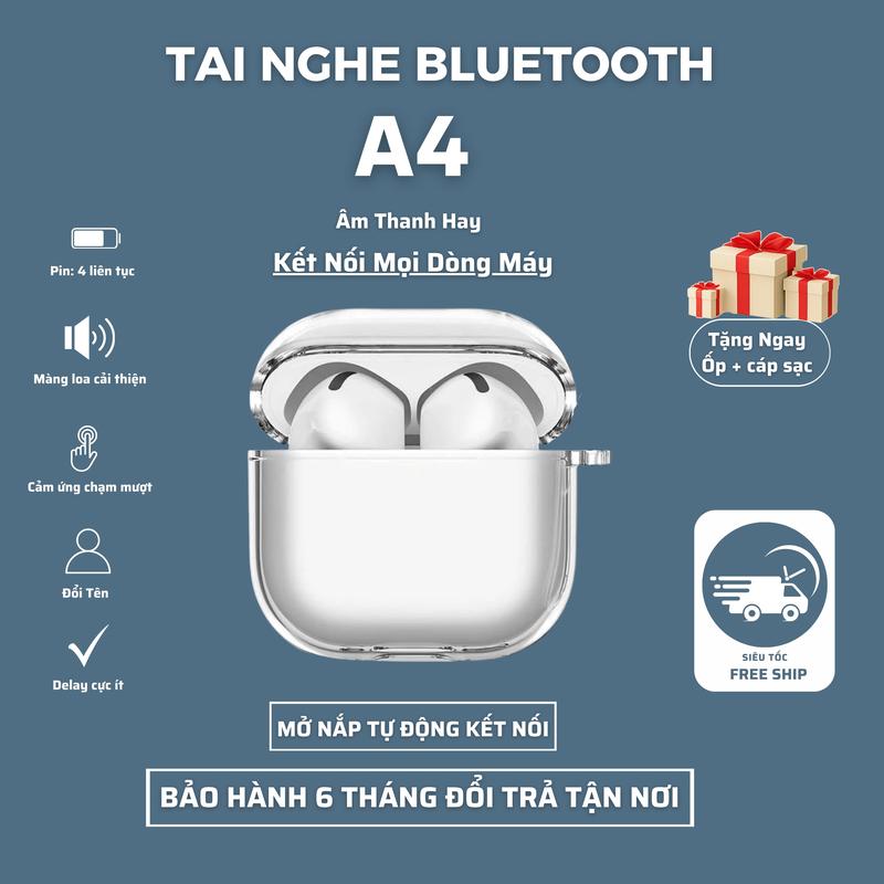 Tai nghe Bluetooth A4 xịn Bảo Hành 6 tháng lỗi đổi Mới, tặng ốp trong suốt, Freeship Nhét Tai Nghe Nhạc Earphone di động tai nghe trong & tai nghe pintrâu Trên tai đào tai nghe iphone pin lớn