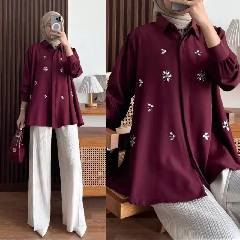 Kinaya Shakila blouse kemeja atasan fashion wanita kekinian Formal Kancing Muslim Panjang Santai Casual Hitam Katun Linen Kerja Basic Putih Crinkle Baju Airflow Oversize 1
