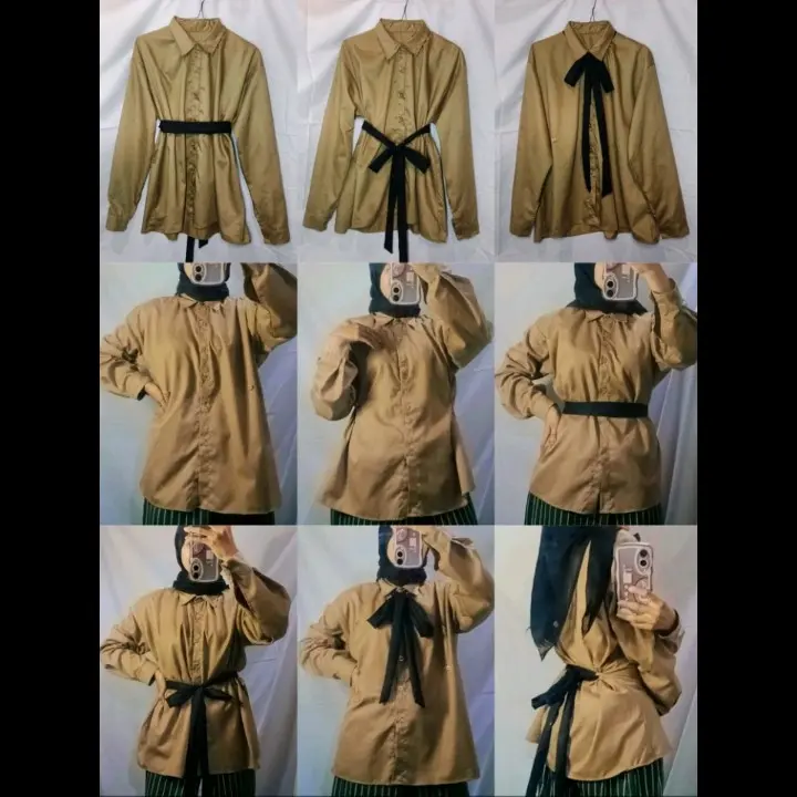 KR - Kemeja Basic Belt Simple Sepuluh Model Kemeja Wanita Remaja Dewasa Formal Kerja Kuliah Kerah Casual Atasan Wanita Ootd Fashion Korean Style Terbaru Murah Baju Kancing Katun Muslim Panjang Toyobo 7