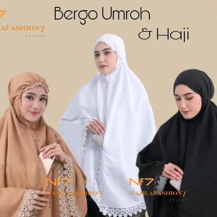Paket 3 Bergo Umroh Dan Haji Instan Bersaku Renda Jiper Mewah Katun Premium