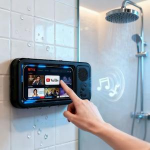 防水ボックススピーカー、360°回転式タッチスクリーン付きバスルーム用防水Bluetoothスピーカー、映画鑑賞・音楽鑑賞・電話対応Bluetoothスピーカーオーディオシャワーテレビホルダー、プール、キッチン、浴室、シンク用
