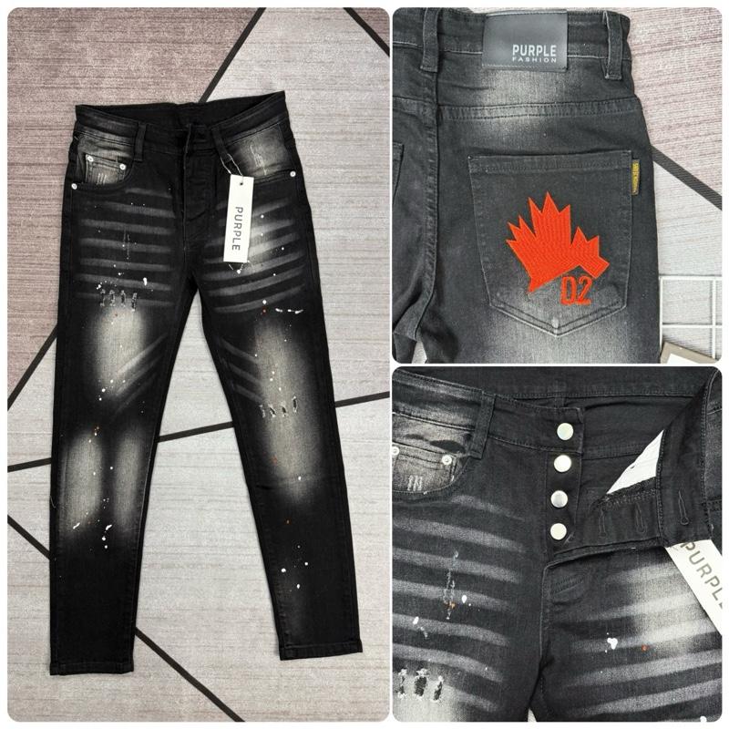  Quần jean nam xám đen xước nhẹ rách thêu lá phong đỏ. chất vải bò co dãn menswear 