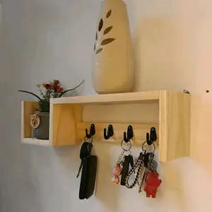 kebutuhan rumah kamar kait & rak Gantungan Kunci Kayu Jati  Dinding Besi hemat ruang warna hitam ukuran 25x25cm tahan air natural kayu tahan karat kamar tidur toilet kecantikan garasi