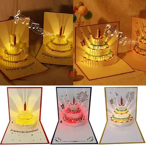 Kartu Ucapan Pop Up 3D Bentuk Kue Ulang Tahun Dengan Lampu + Musik Tulisan Happy Birthday dengan Amplop Cards Kertas
