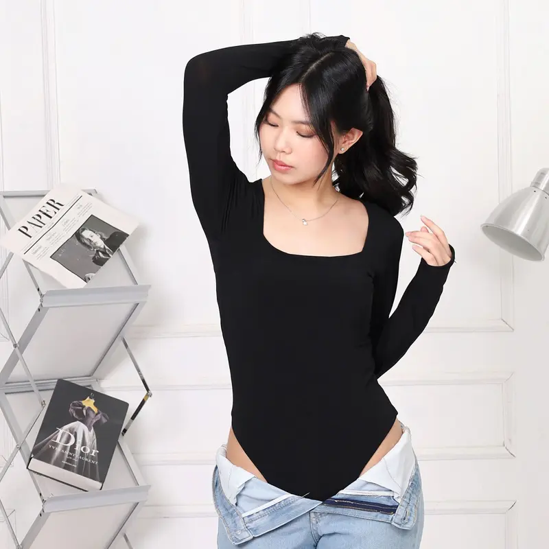 Lassmee | MINJI XL Baju Atasan Wanita Long Sleeve Leher Kotak / Bodysuit XL Basic Polos Lengan Panjang Leher Kotak / Kaos Jersey Spandex XL Square Neck 1