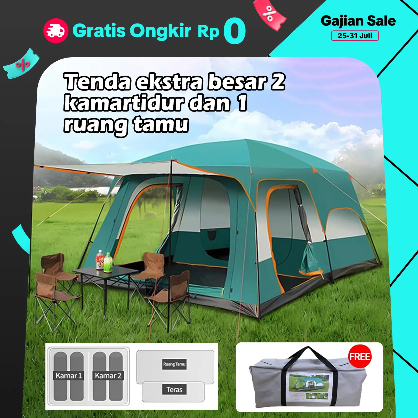 Tenda Camping 8 - 12 Orang（3.82.82M）Portable Waterproof Camping Tent / kebutuhan semalam yang liar Aksesoris Tenda